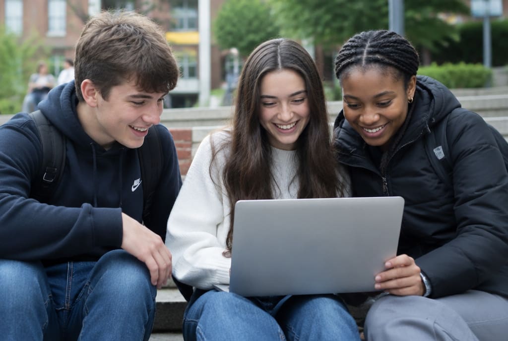 Three students looking at course results together and laughing